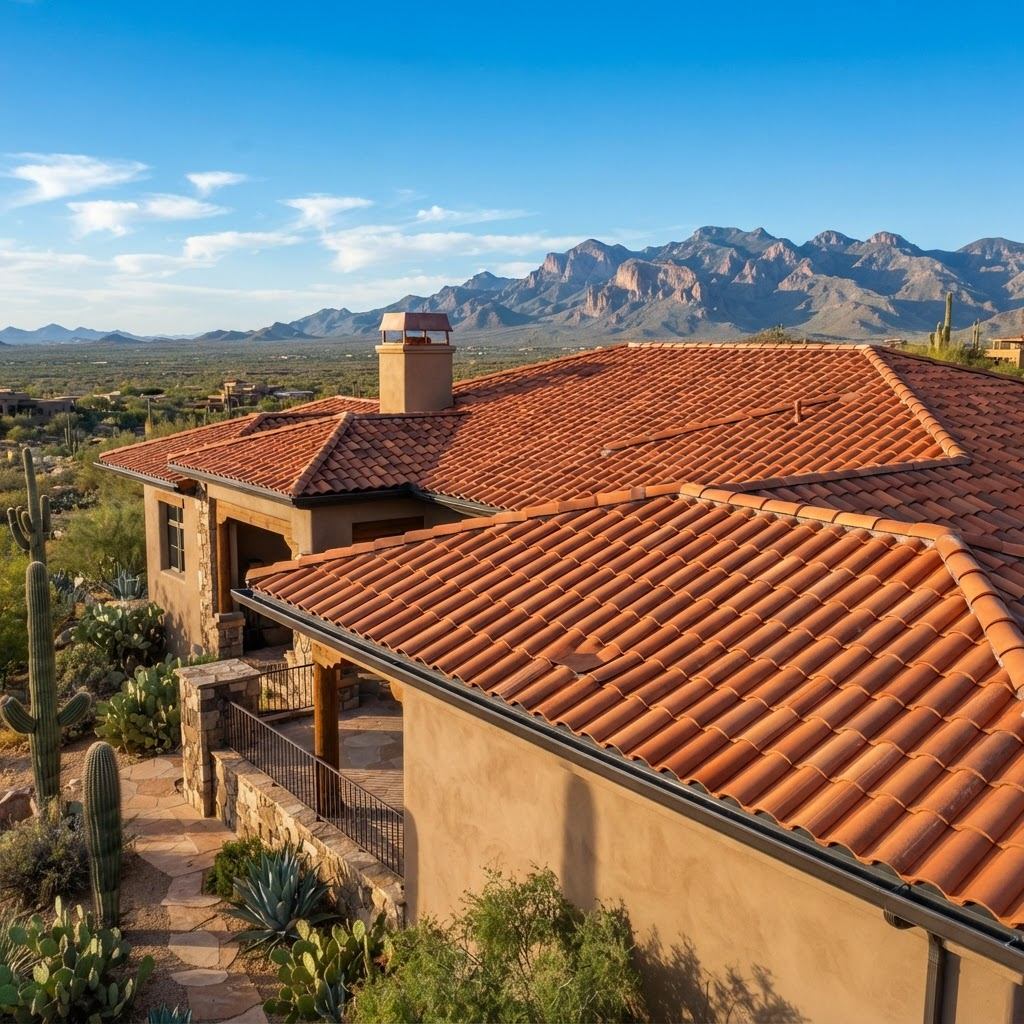 Pristine terracotta tile roof on a luxury Arizona home with mountains in the background
