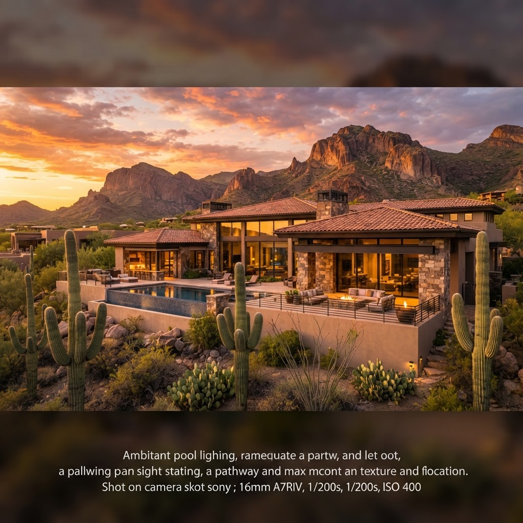 Luxury Arizona home with a beautiful roof at sunset with mountains and saguaro cactus